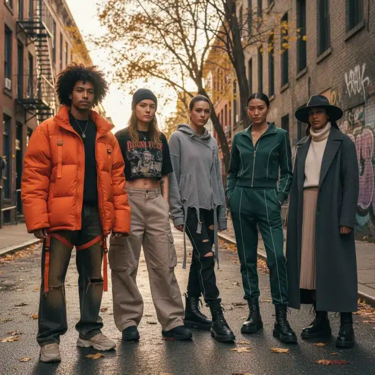 Diverse models display fall 2026 streetwear silhouettes in an urban setting.