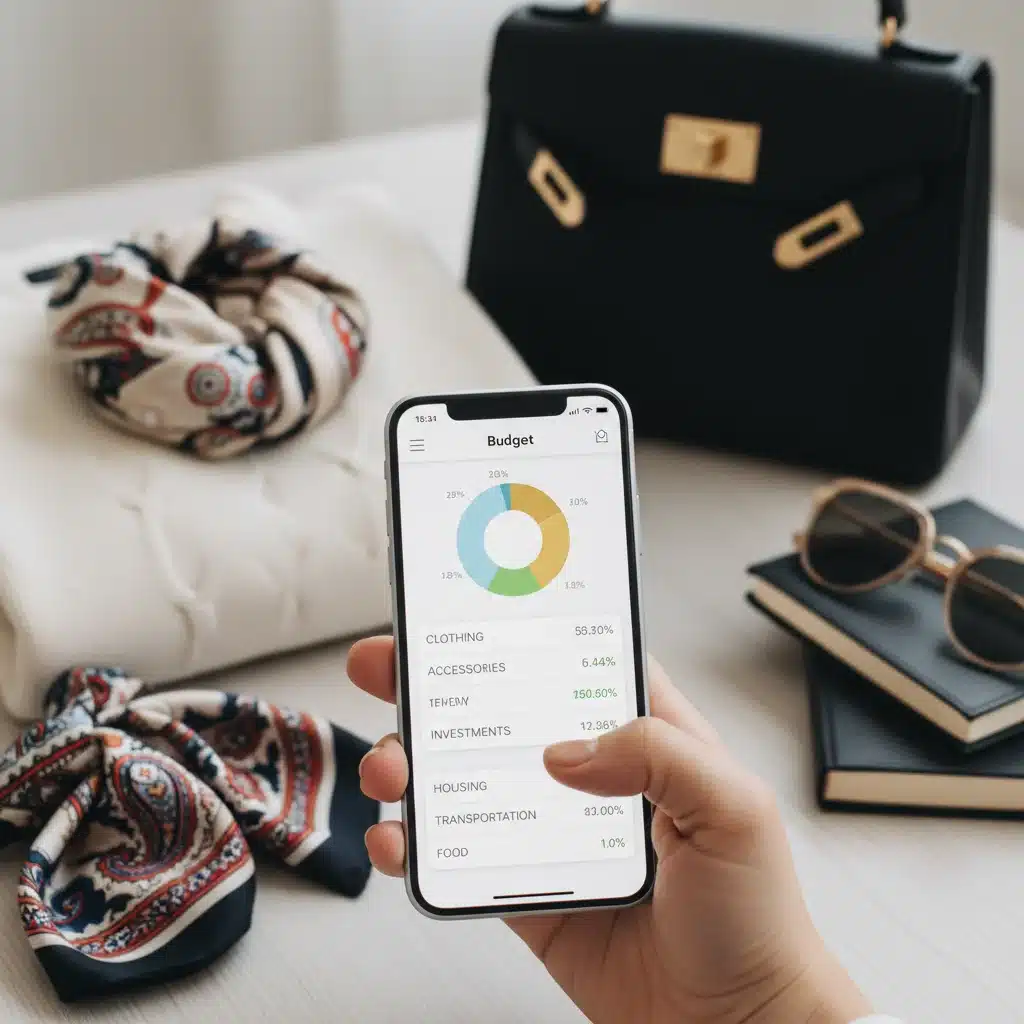 Smartphone displaying fashion budget tracking app with clothing in background