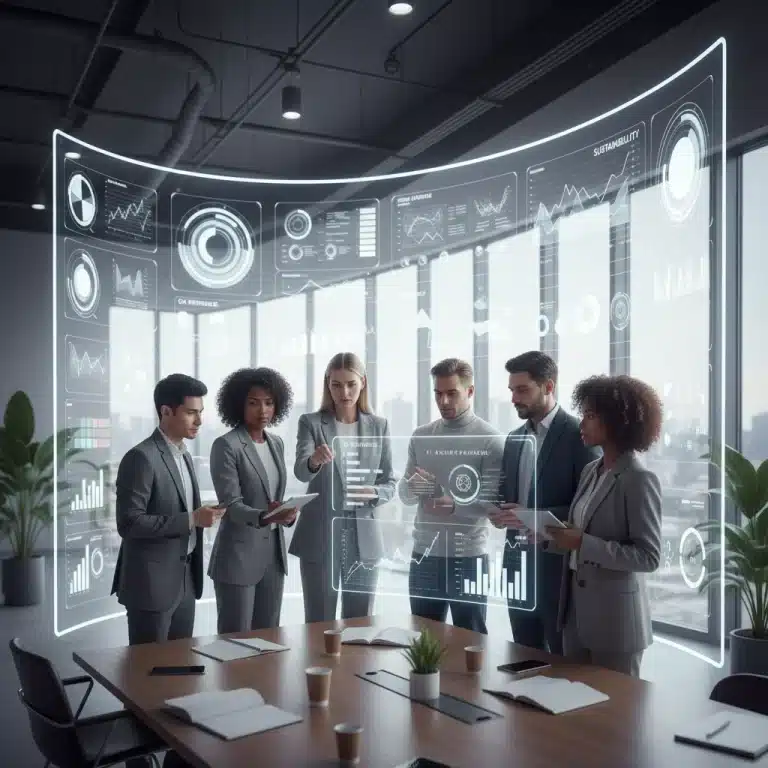 Fashion business professionals analyzing profit margin data on a screen