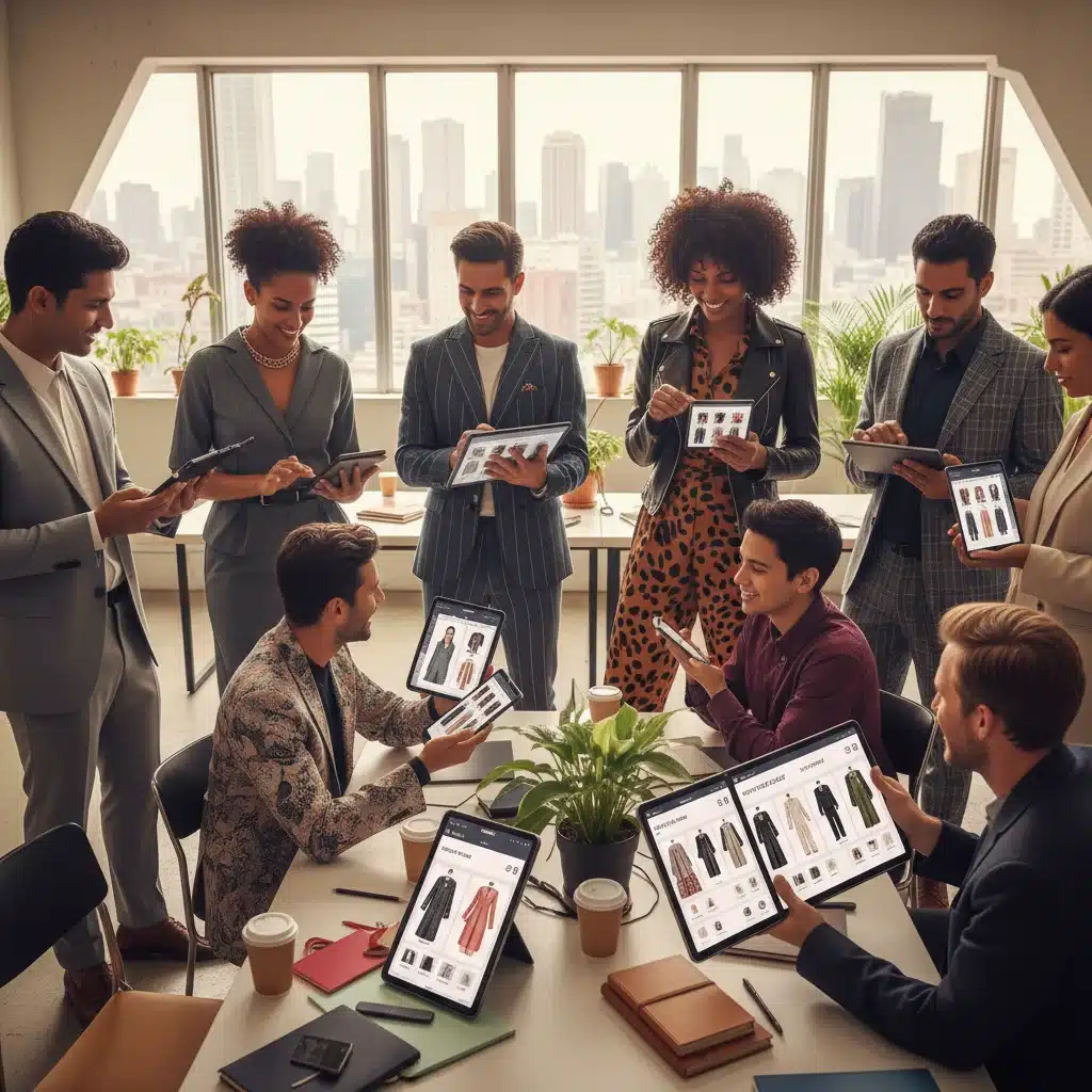 People sharing fashion insights and digital wardrobe app experiences in a community setting.