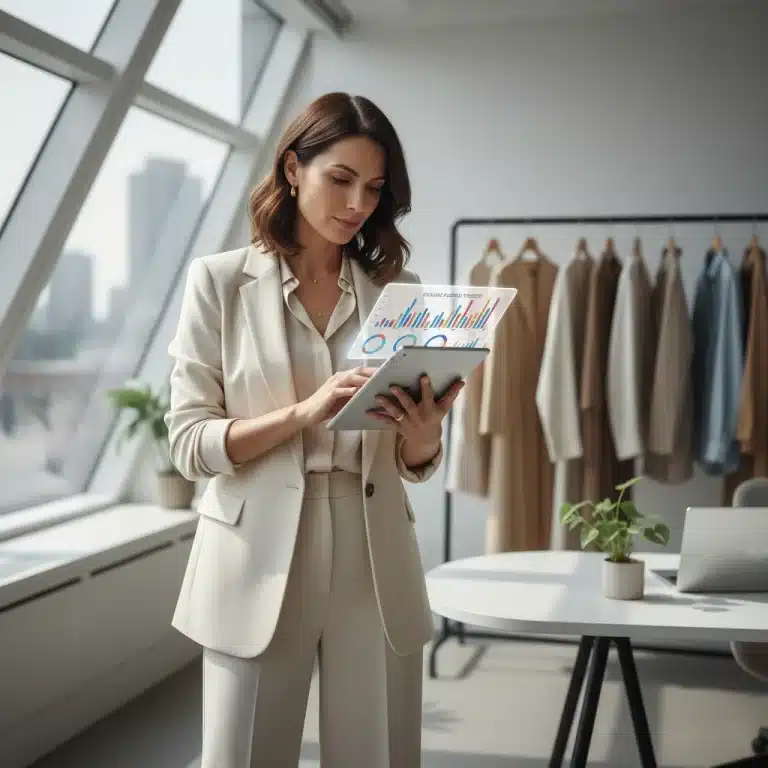 Professional analyzing fashion data on tablet in a modern office