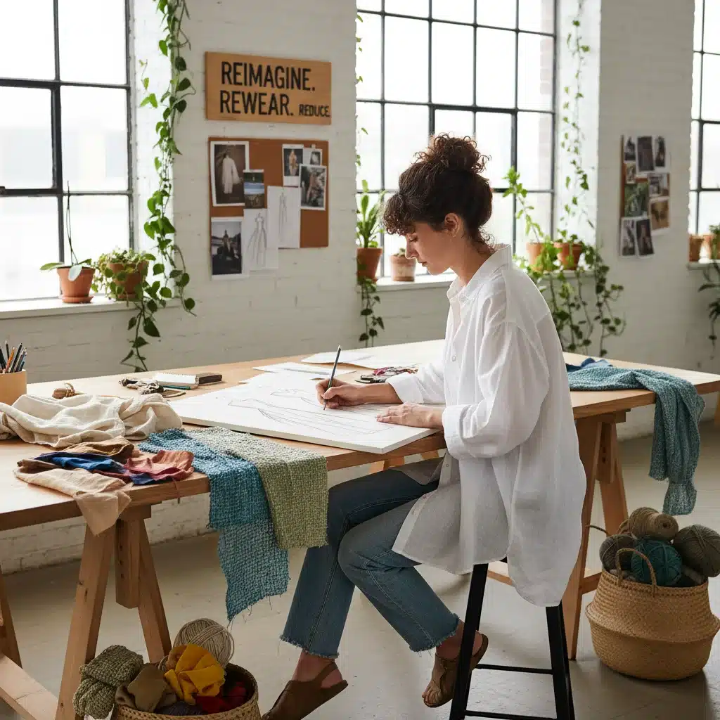 Fashion designer creating new garments from recycled and sustainable textile materials.