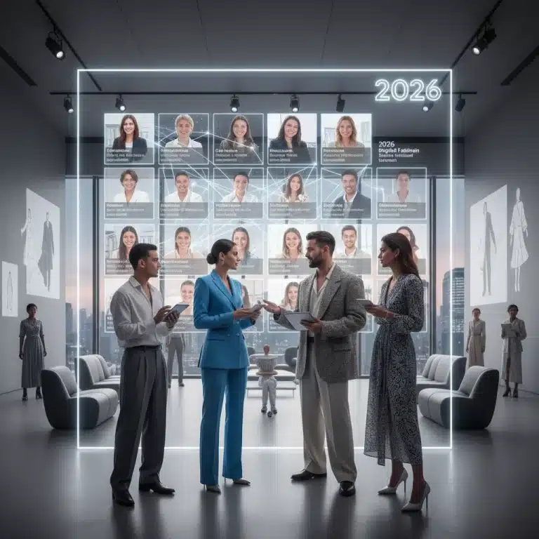 Fashion professionals networking digitally in 2026, engaging on screens