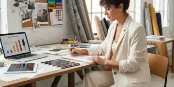 Fashion entrepreneur sketching designs for new brand launch in US market
