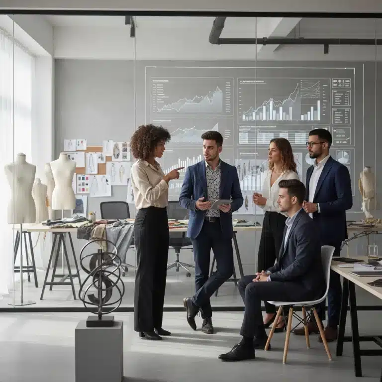 Diverse fashion entrepreneurs analyzing financial data on a large screen, symbolizing strategic financial planning for fashion startups.