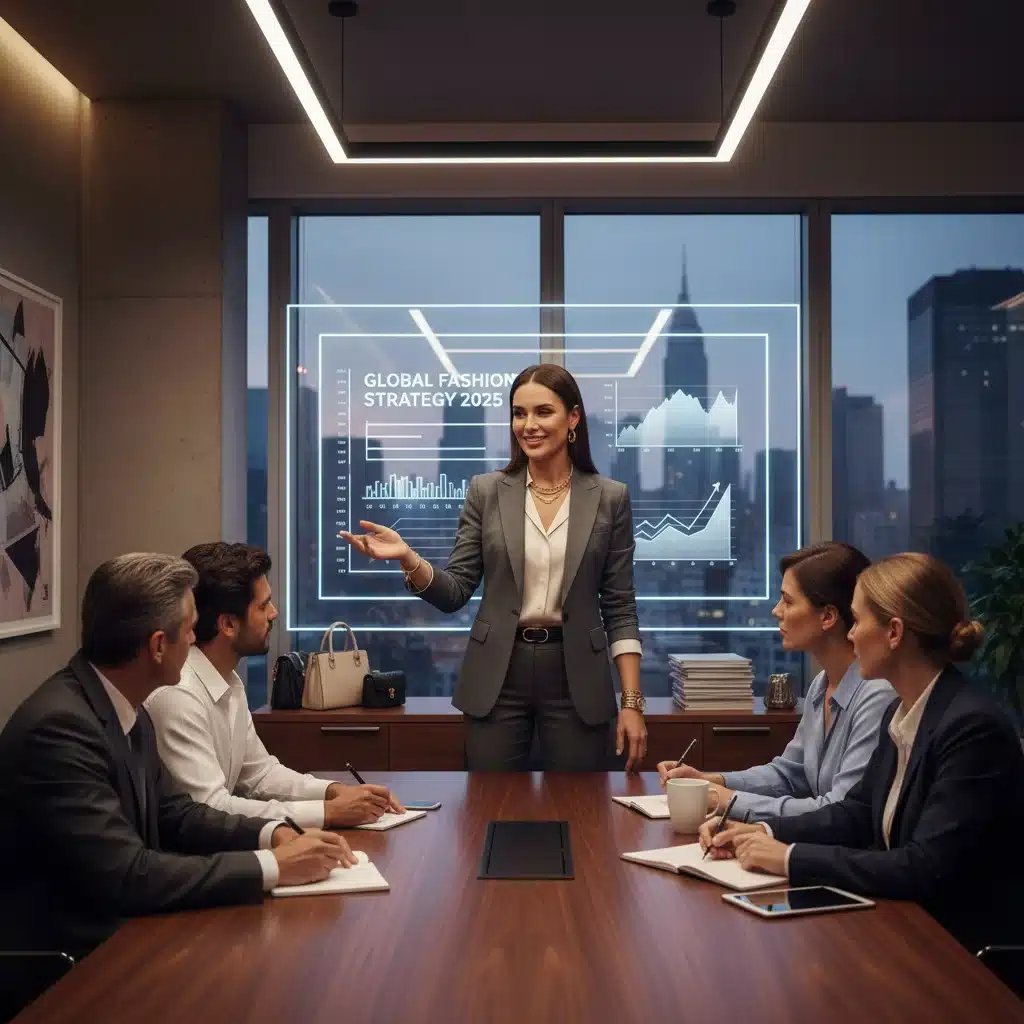 Fashion executive leading a team meeting, demonstrating strong leadership and strategic vision.