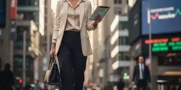 Woman blending fashion and finance in a modern city setting