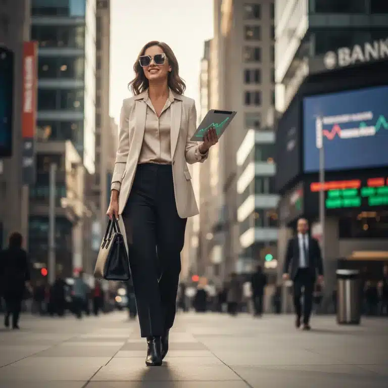 Woman blending fashion and finance in a modern city setting