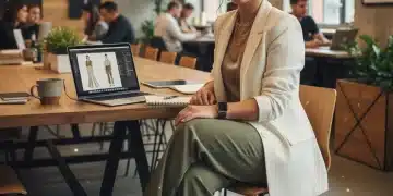Fashion freelancer working on laptop, sketching designs in a modern co-working space