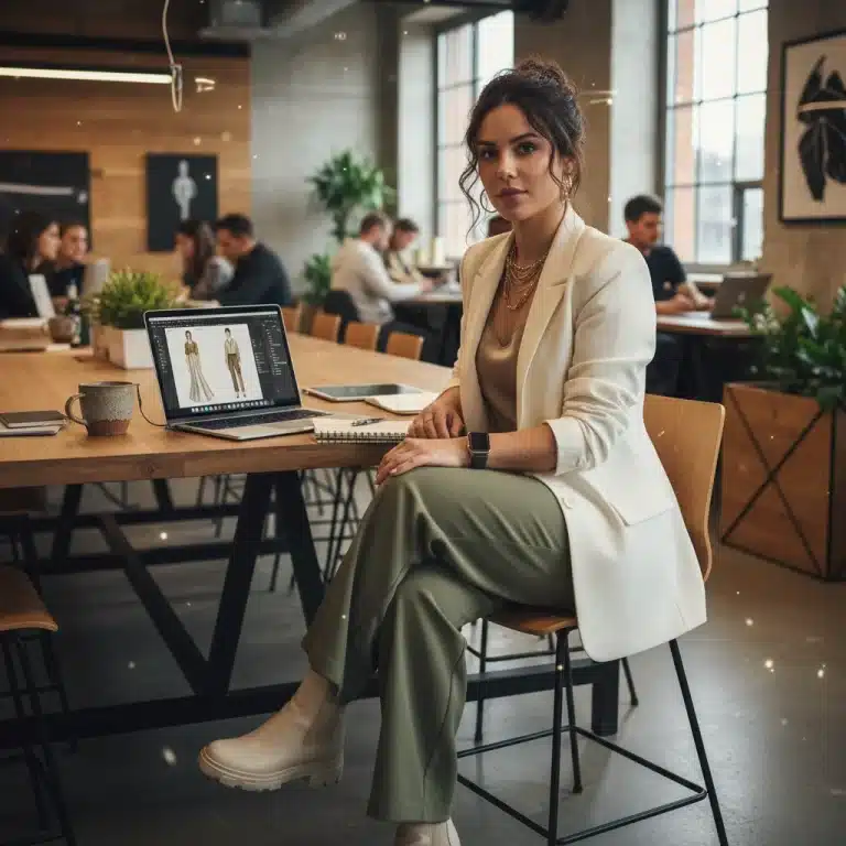 Fashion freelancer working on laptop, sketching designs in a modern co-working space