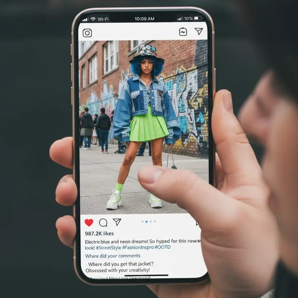 Fashion influencer's social media feed on a smartphone, displaying a trendy street style outfit with engagement metrics.