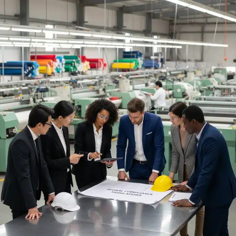 Fashion professionals discussing new US labor laws for 2026 production