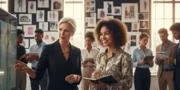 Fashion professionals collaborating with a mentor in a modern studio, discussing career growth.