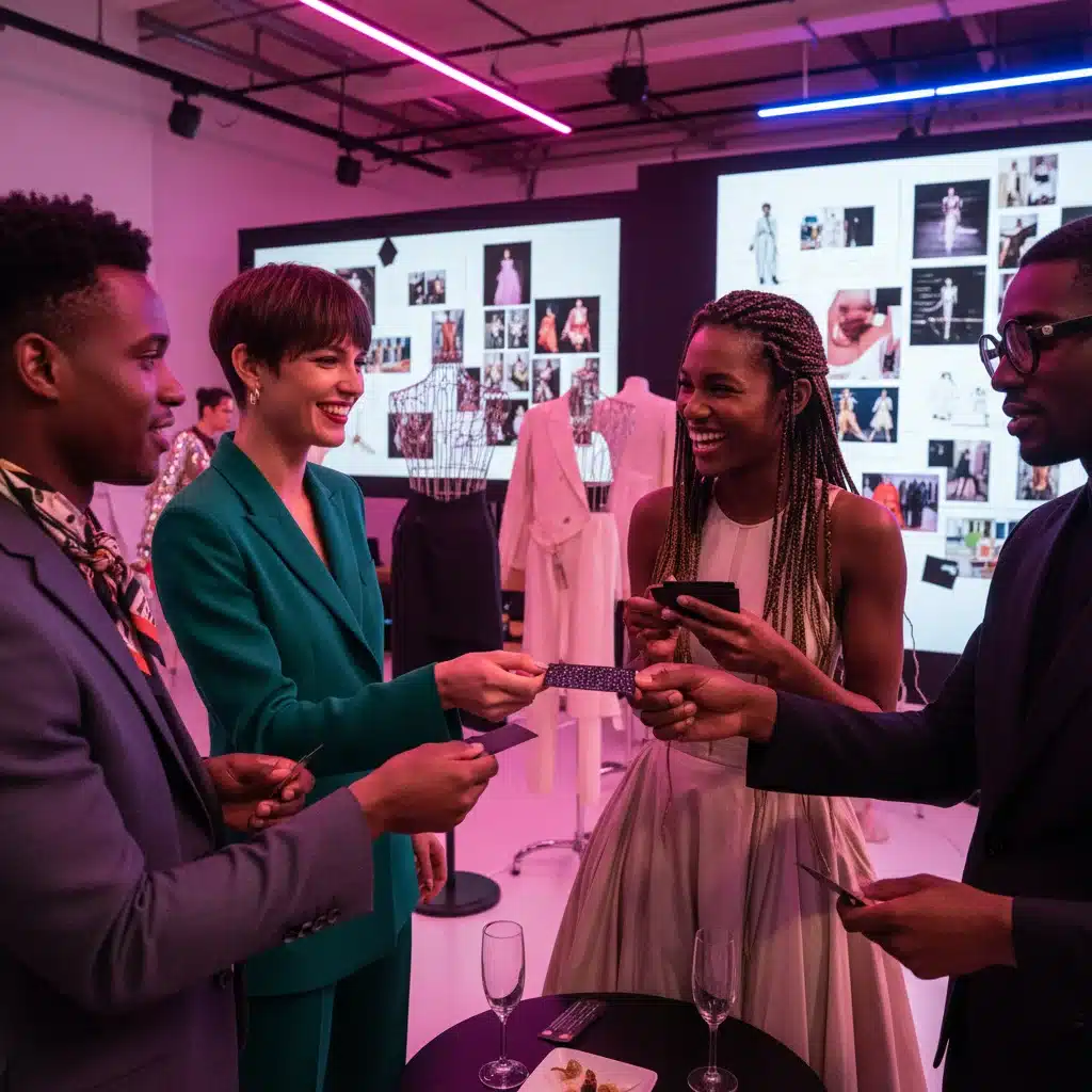 Fashion professionals networking at industry event, exchanging business cards