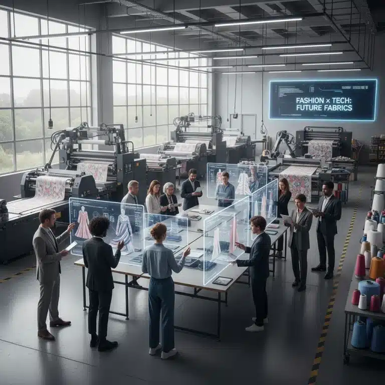 Fashion professionals collaborating on digital designs in an on-demand manufacturing facility.