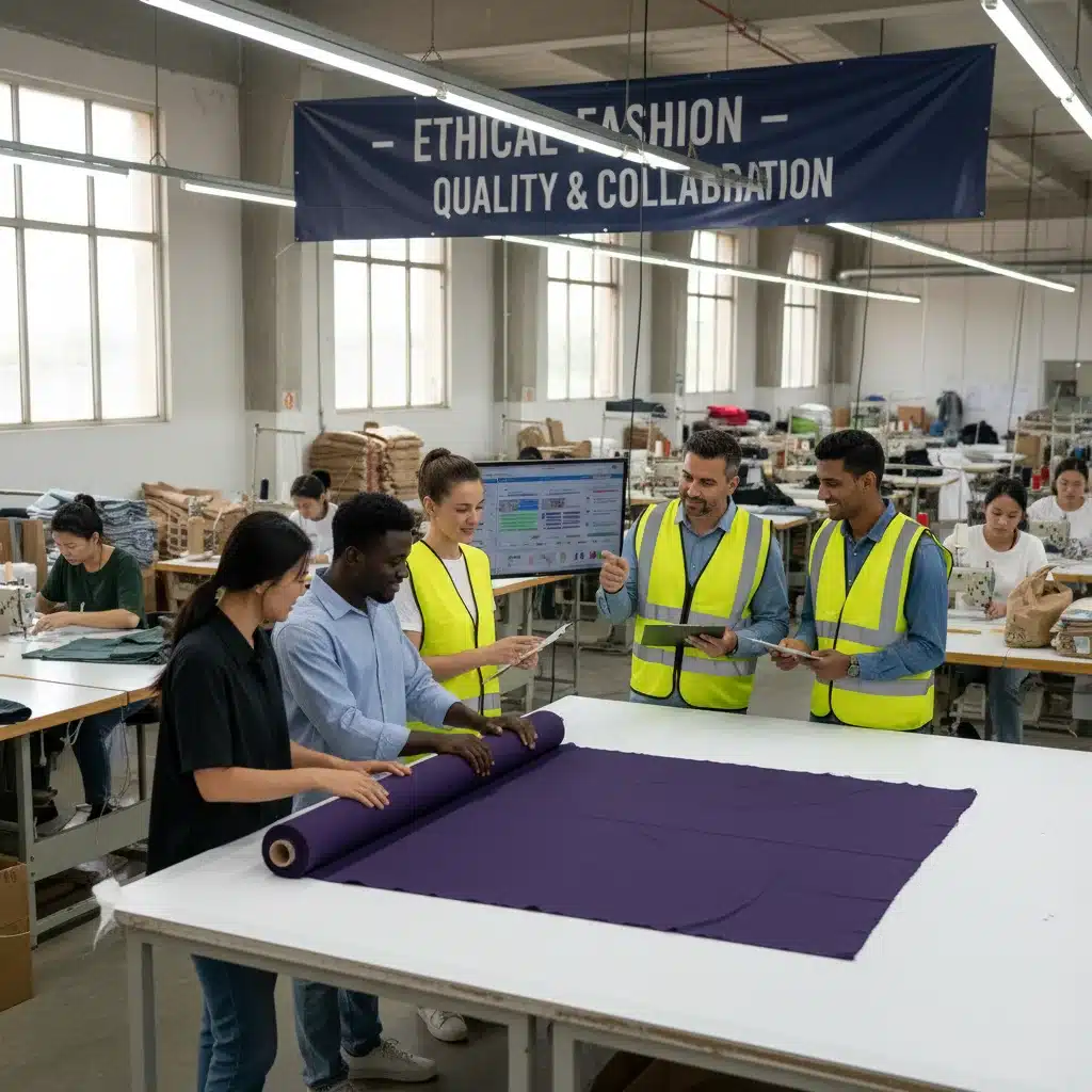 Fashion production team collaborating on sustainable garment manufacturing