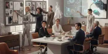 Fashion professionals collaborating, discussing career advancement strategies in a modern office.