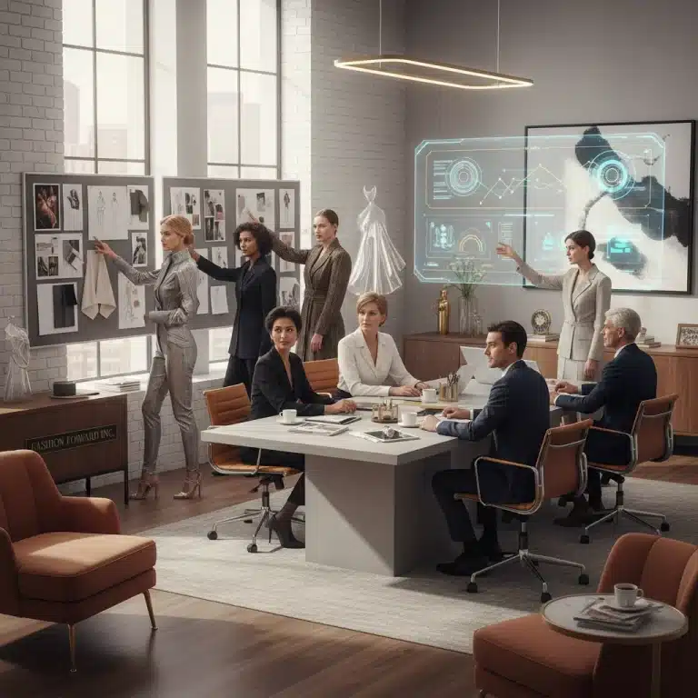 Fashion professionals collaborating, discussing career advancement strategies in a modern office.