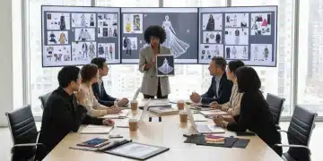 Fashion professionals reviewing digital designs and fabric swatches, collaborating on a project