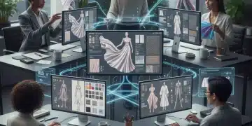Fashion professionals collaborating remotely on digital designs, showcasing modern remote work in the industry.