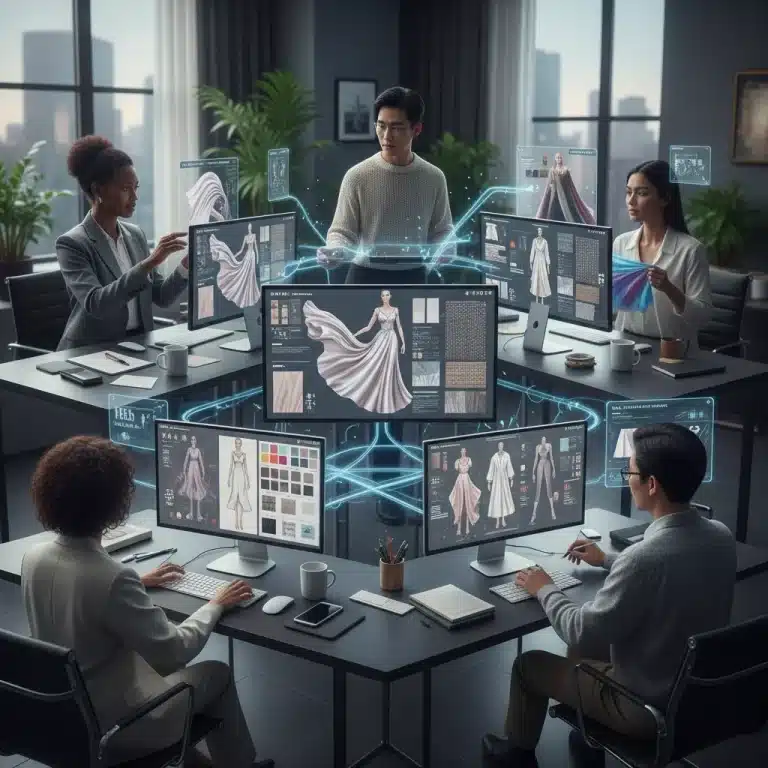 Fashion professionals collaborating remotely on digital designs, showcasing modern remote work in the industry.