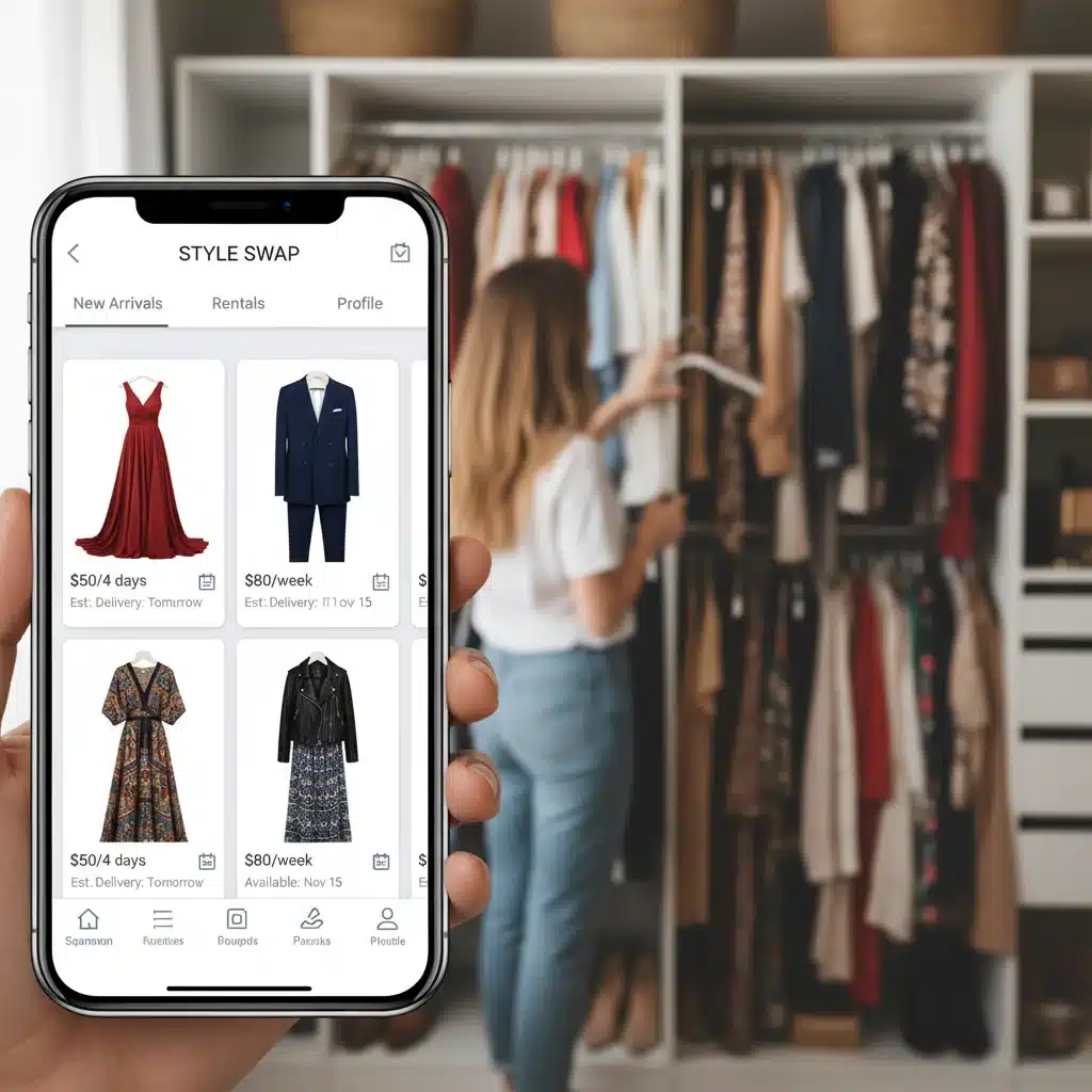 Smartphone displaying fashion rental app, person browsing closet
