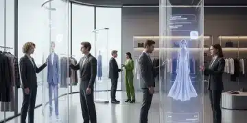 Futuristic fashion retail store with personalized digital displays enhancing customer experience and loyalty.