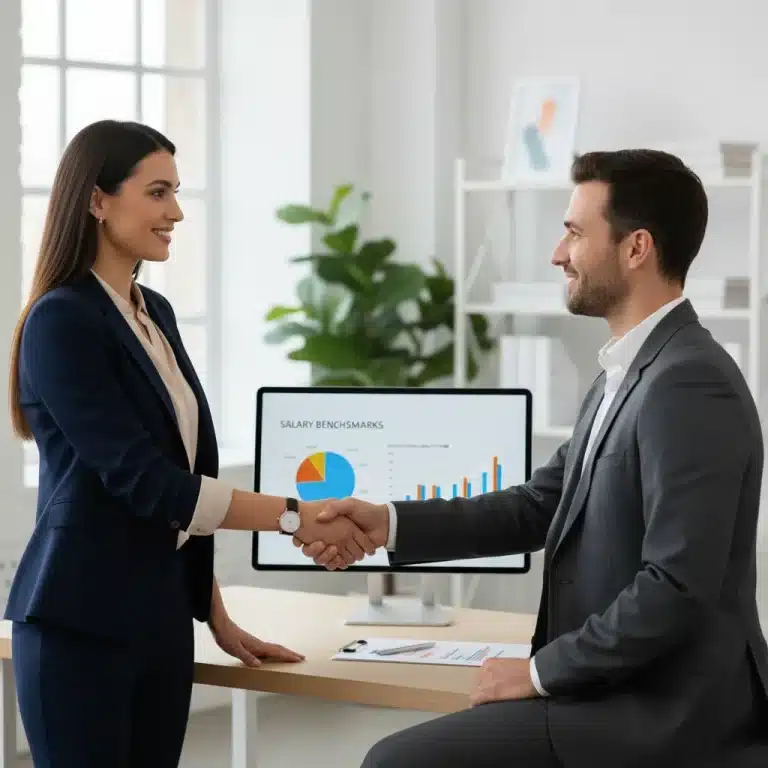 Confident fashion professional shaking hands after successful salary negotiation