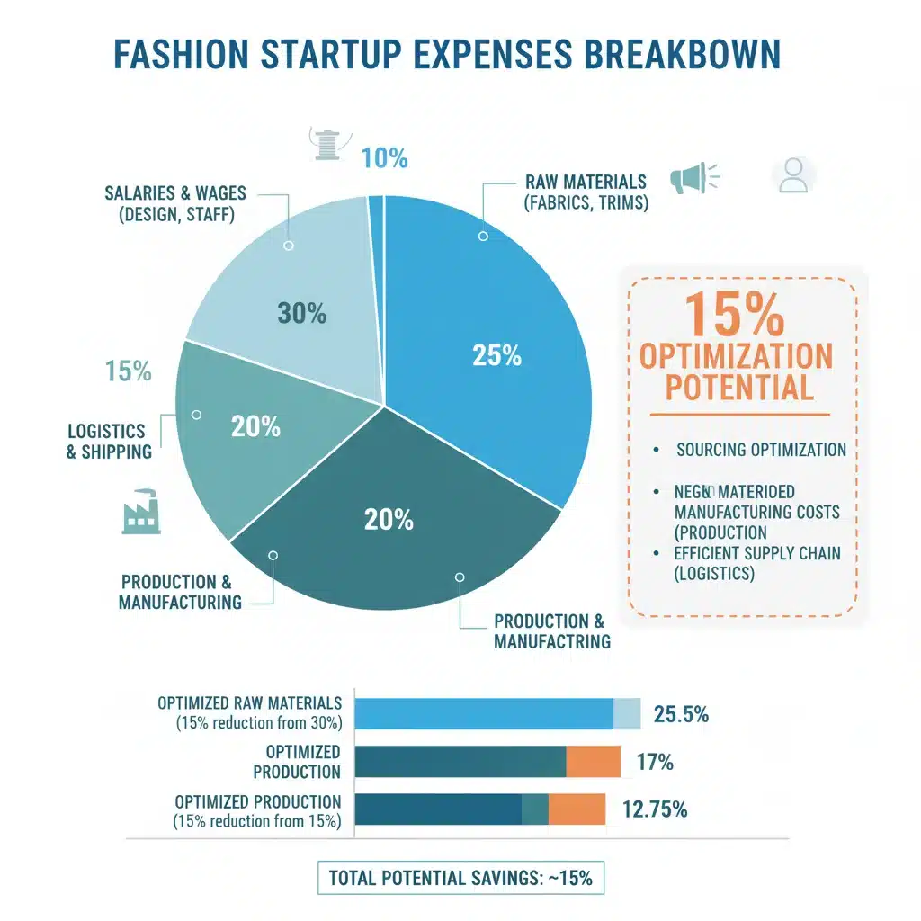 Infographic showing fashion startup expense categories and potential areas for cost optimization.