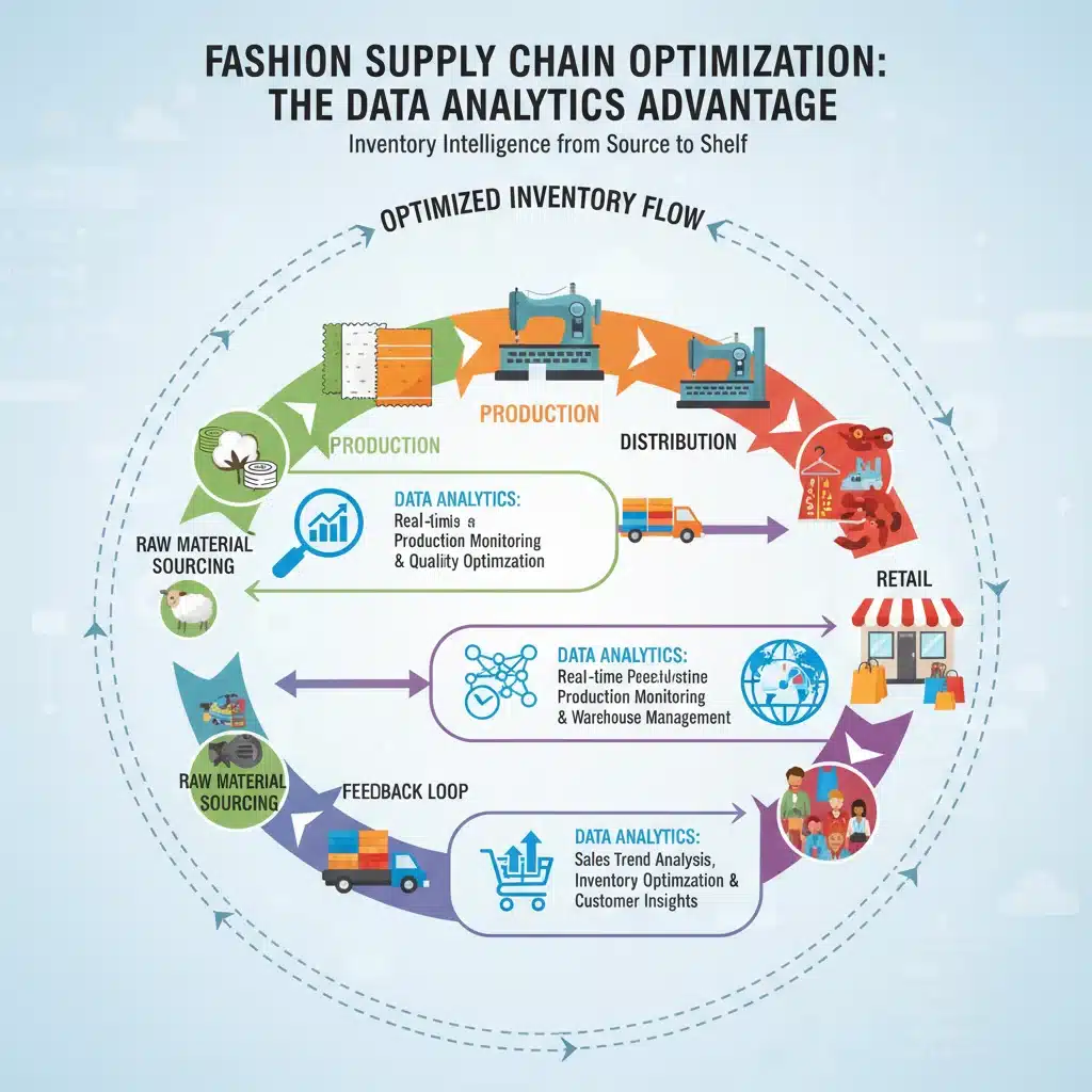 Infographic showing data analytics optimizing fashion supply chain and inventory flow