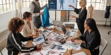 Diverse fashion professionals collaborating in a modern design studio, symbolizing innovation and teamwork.