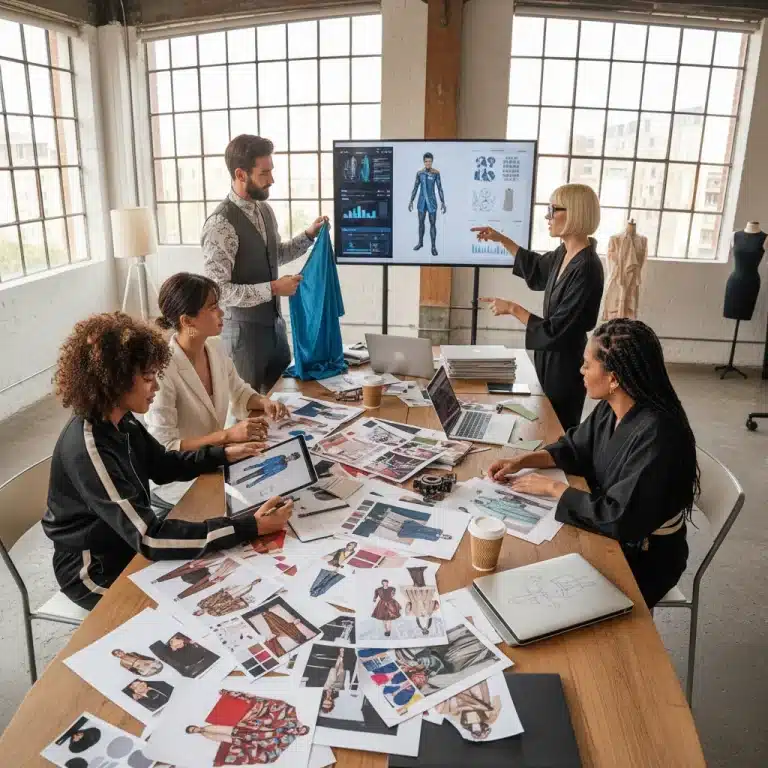 Diverse fashion professionals collaborating in a modern design studio, symbolizing innovation and teamwork.