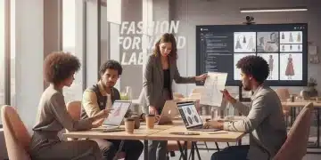 Entrepreneurs collaborating on digital fashion strategy in a modern office