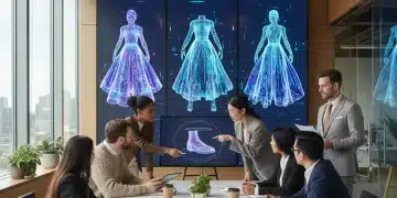 Professionals collaborating on digital fashion designs in a modern tech office.