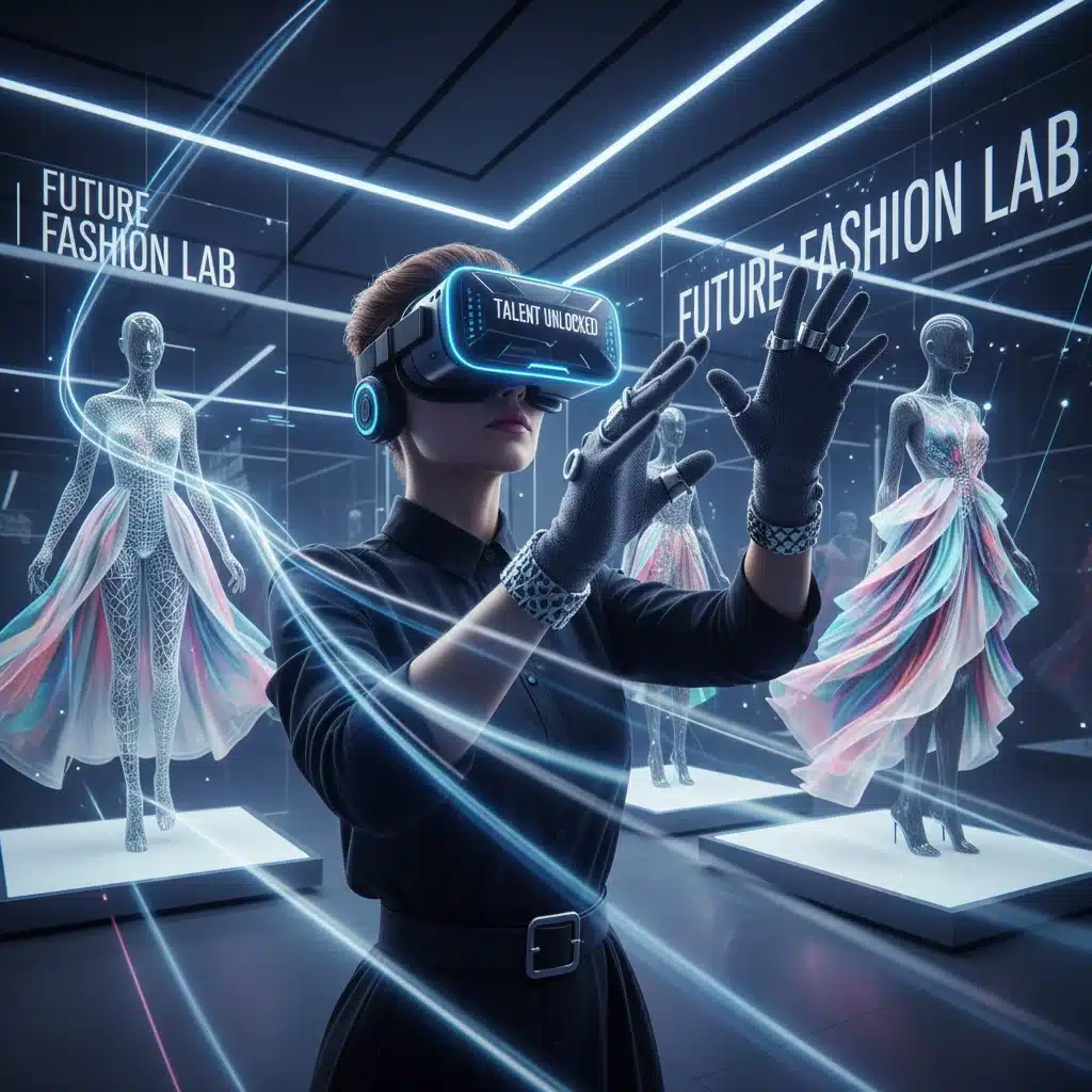 Fashion designer utilizing virtual reality for innovative design and skill development.