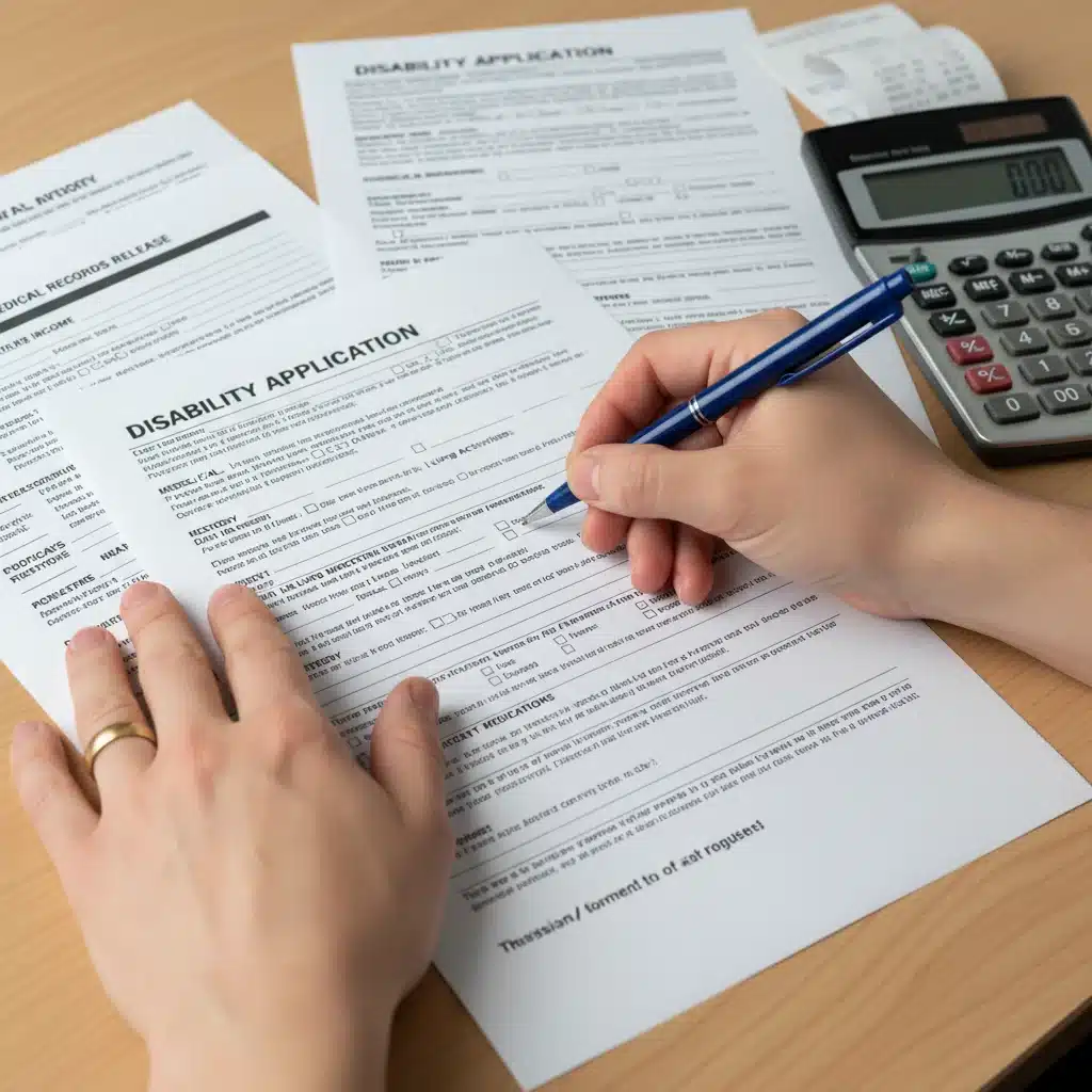 Hands filling out Social Security disability application form