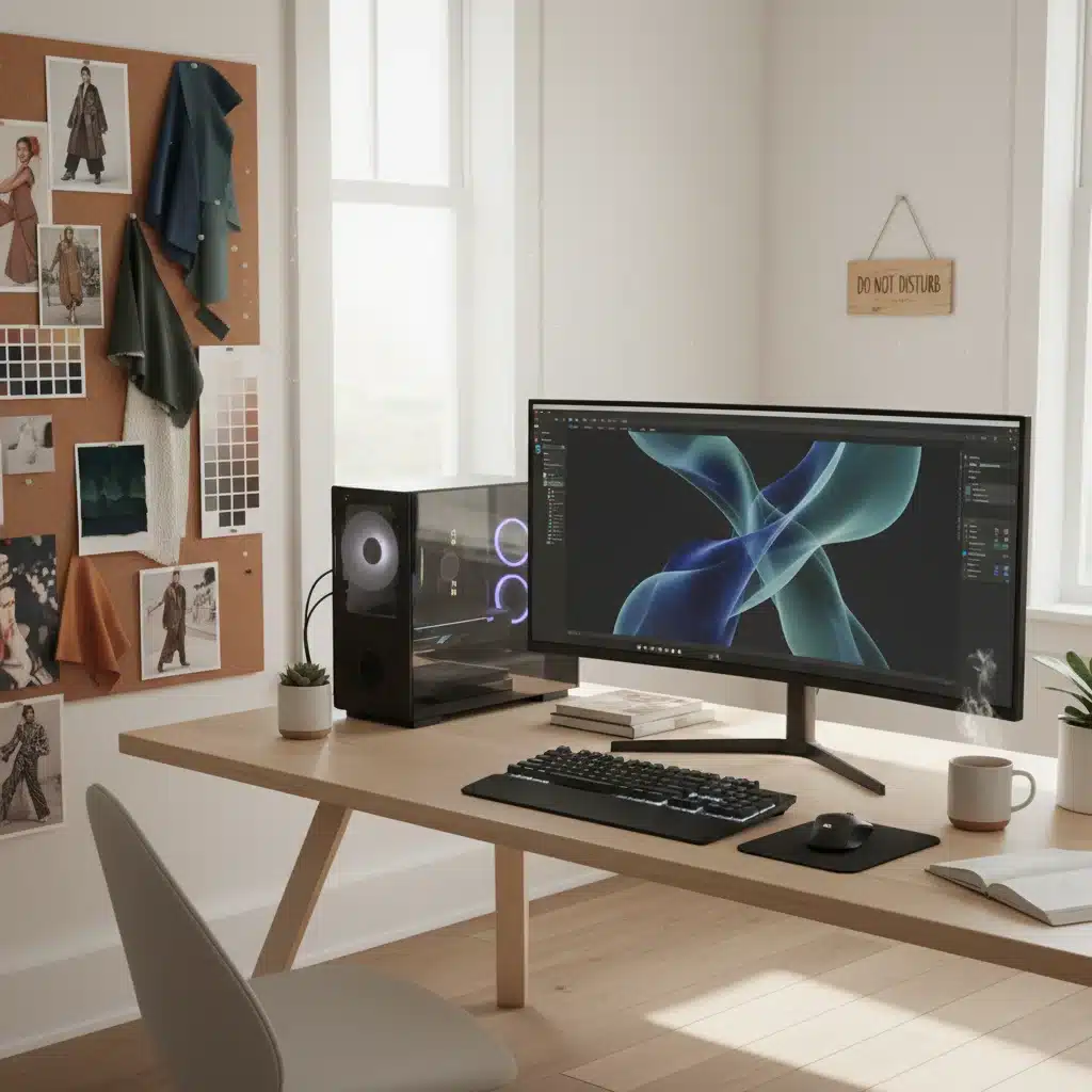 Organized freelance fashion designer home office with mood board and computer