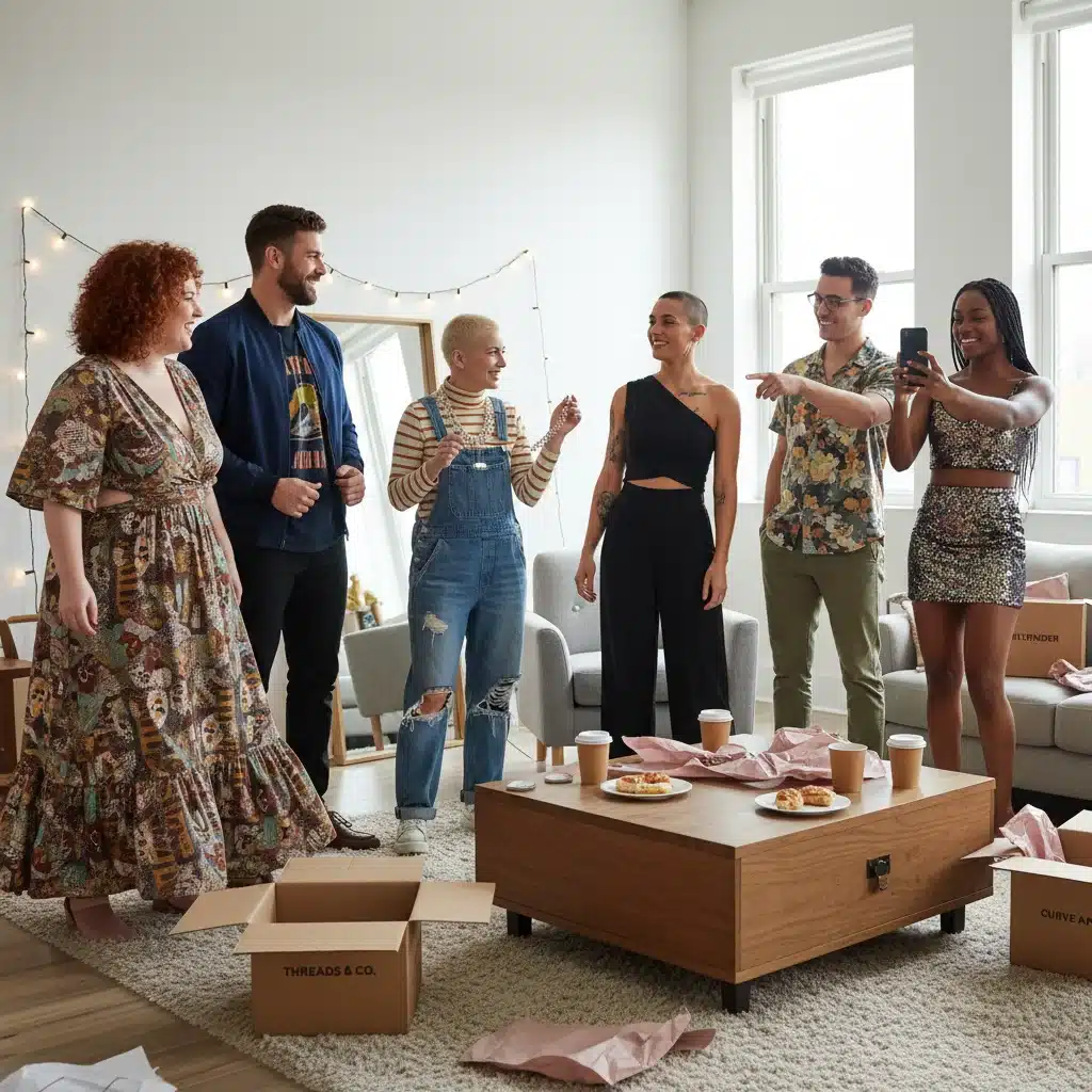 Diverse friends trying on clothes from fashion subscription boxes