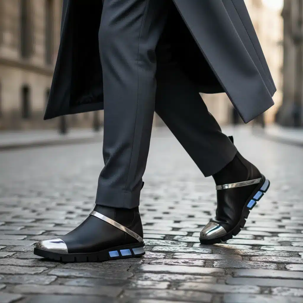 Stylish individual sporting futuristic Chelsea boots on a city street, emphasizing modern urban footwear trends.