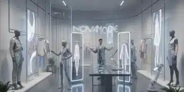 Futuristic fashion retail store interior with interactive displays and smart mirrors