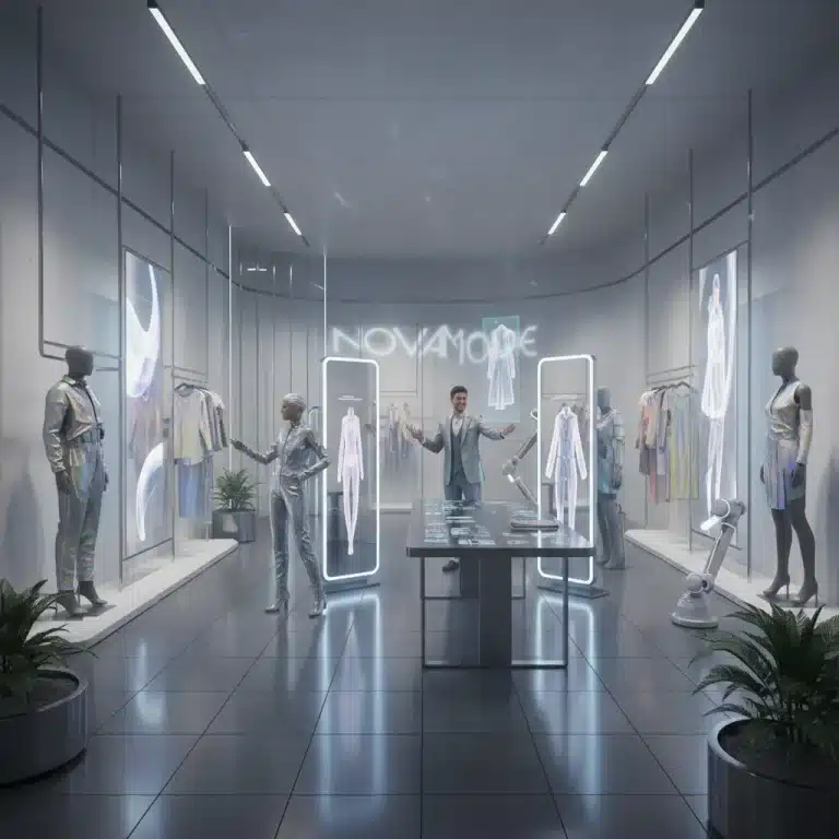 Futuristic fashion retail store interior with interactive displays and smart mirrors