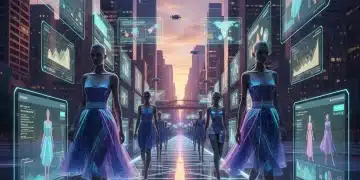 Futuristic fashion technology runway with digital displays and innovative garments.