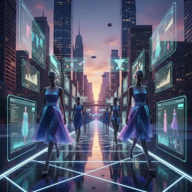 Futuristic fashion technology runway with digital displays and innovative garments.