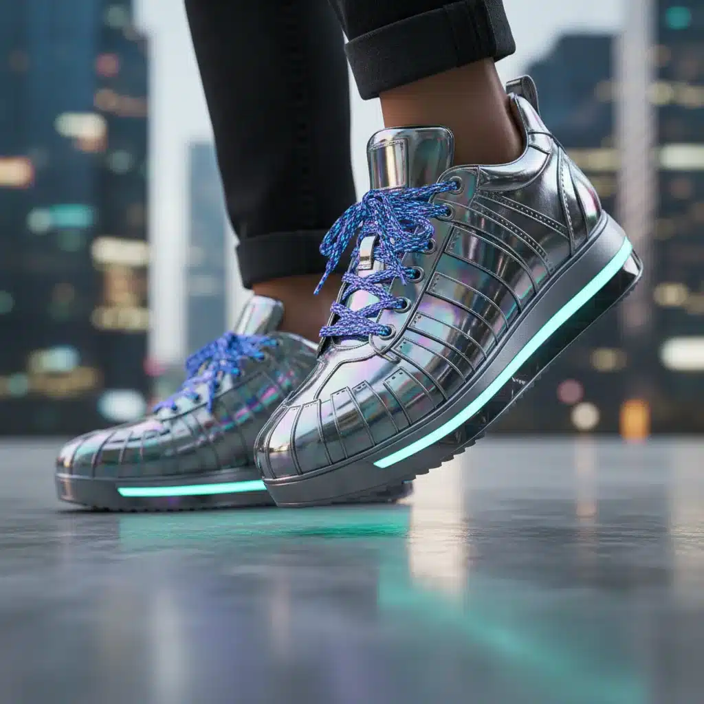 Close-up of futuristic metallic sneakers on a city sidewalk, showcasing intricate details