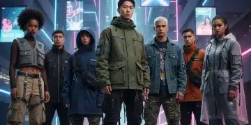 Futuristic streetwear with utilitarian elements in an urban setting