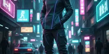 Futuristic techwear outfit in urban setting with neon lights