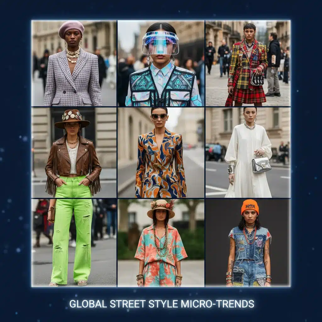 Digital display showing a collage of diverse global street style micro-trends and unique fashion details.