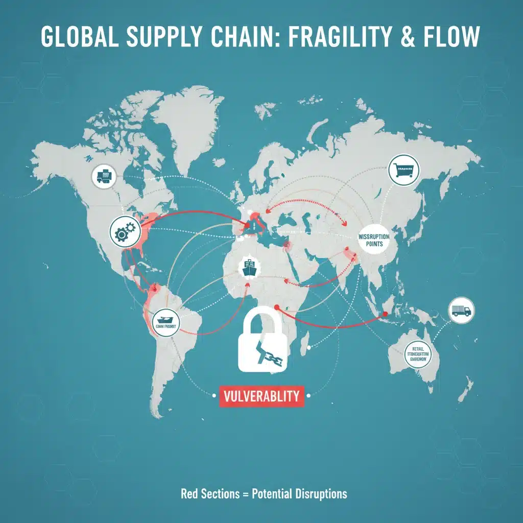 Complex global fashion supply chain with highlighted disruption points
