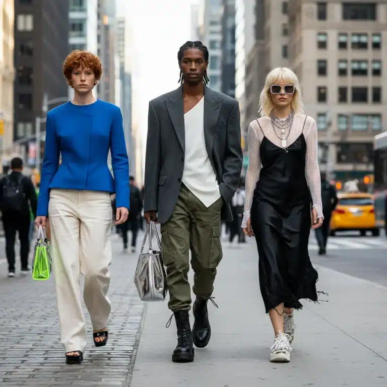 Stylish people blending high fashion and street style on an urban sidewalk in 2026, showcasing oversized blazers, deconstructed dresses, and sculptural tops.