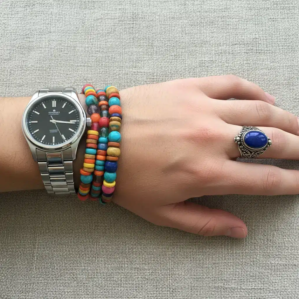 Luxury watch paired with affordable beaded bracelets, showcasing high-low accessory mixing.